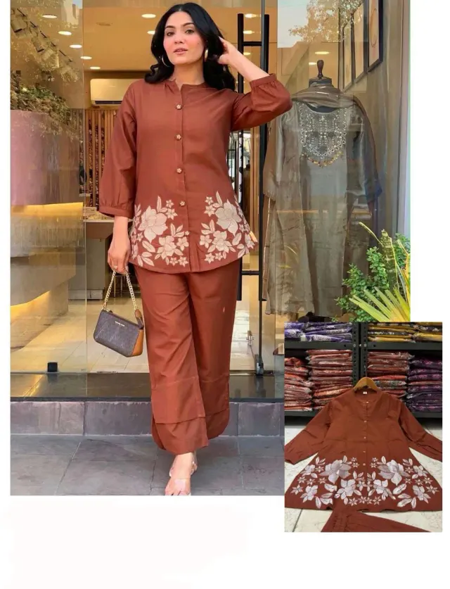 Brown Embroidery Kurta & Pant Set