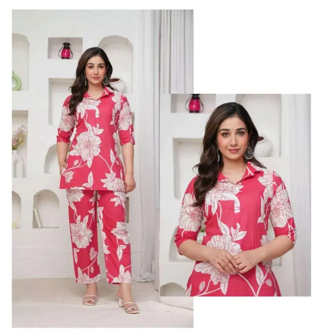 Pink Flower Printed Kurti & Pant