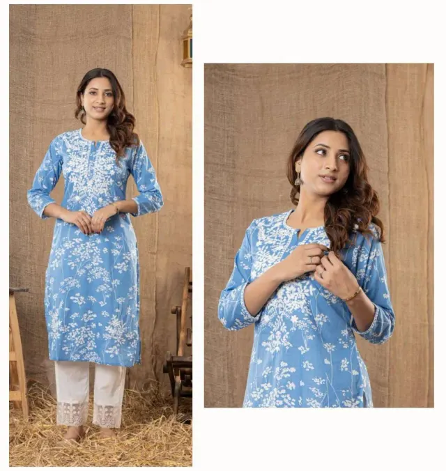 Blue Floral Printed Embroidered Cotton Kurti with Lace Pant