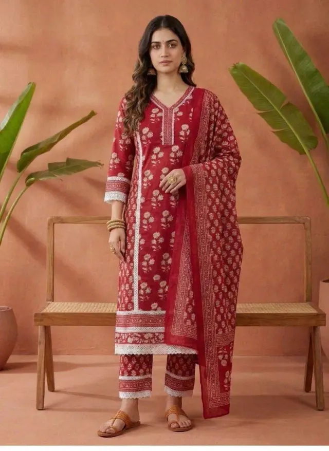 Cotton Red Kurta Set with Dupatta