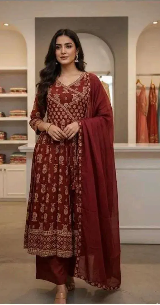 Jaipuri Maroon Cotton Kurta & Plazzo Set with Dupatta