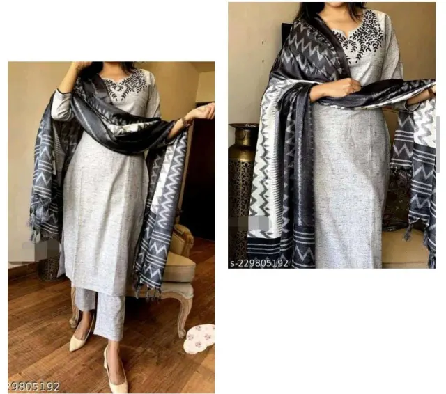 Ethnic Cotton Kurta Pant Set with Black printed Dupatta