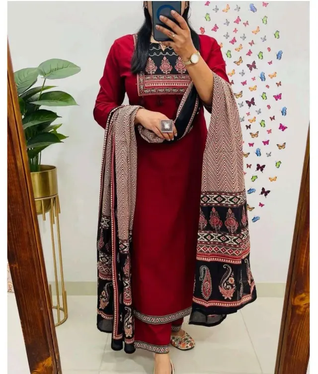 Jaipuri Red Colour Kurta & Pant Set with Printed Dupatta