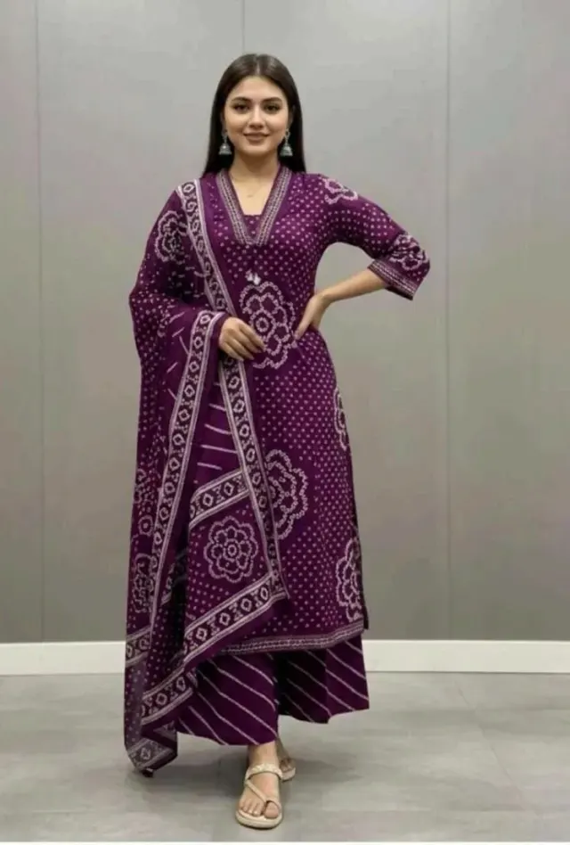 Bandhani Cotton Kurta Pant Set with Dupatta