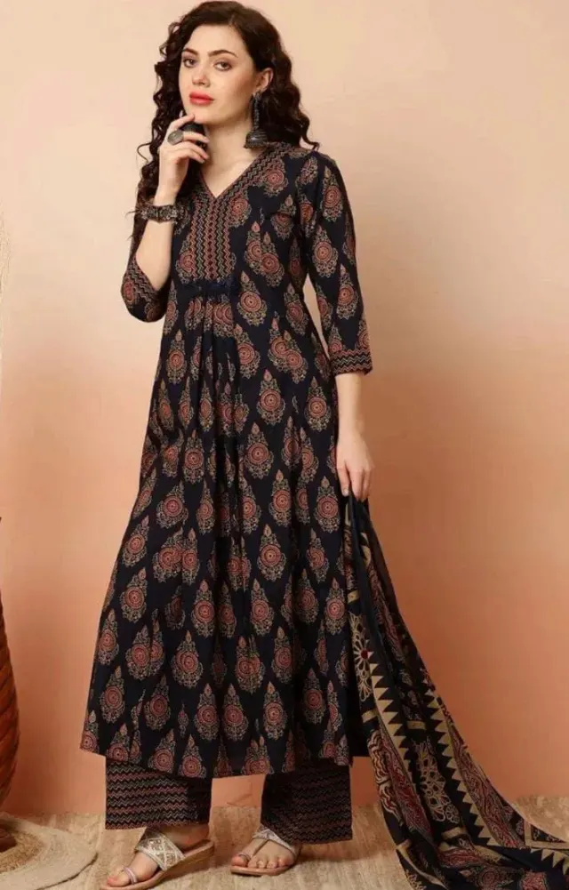 Black printed Kurta With Plazo & Duppata