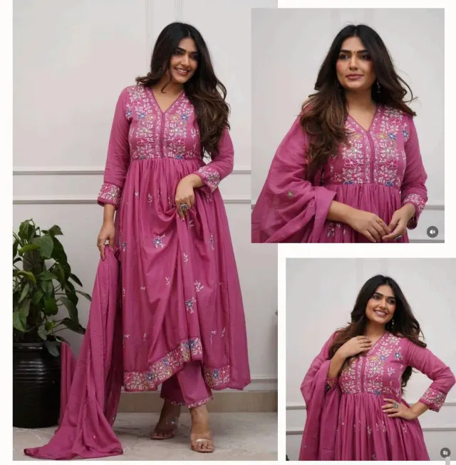 Pink Cotton Angrakha Embroidery Kurta with Straight Pant & Duppata