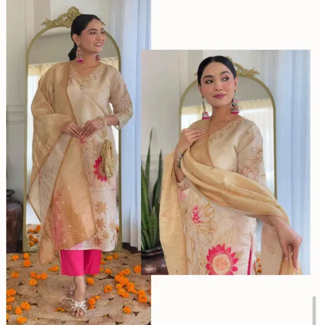 Beautiful Hand Work Jacquard Duppata Kurti Pant With