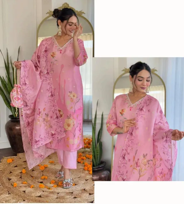 Baby pink Floral Printed Shimmer Jacquard Silk Kurti With Pant & Dupatta 