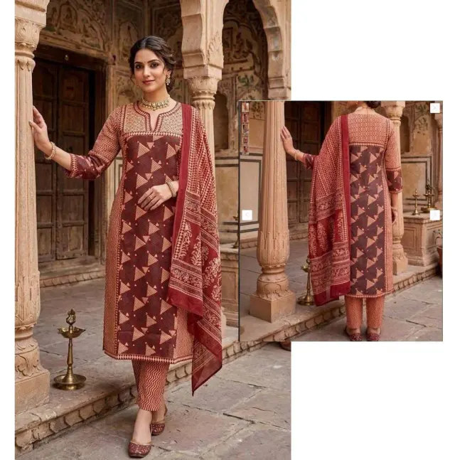 Jaipuri Printed Cotton Kurti Set with Printed Pant & Malmal Dupatta