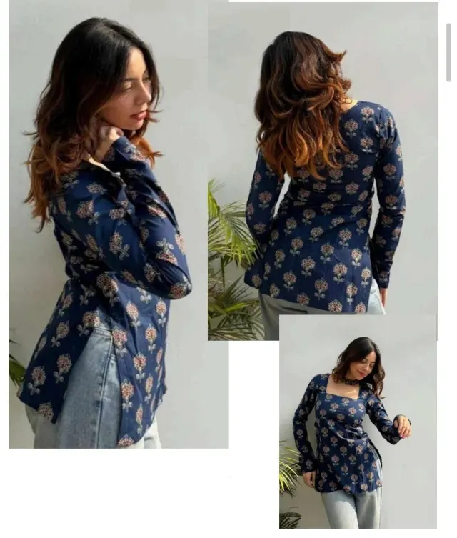 Blue Printed Full Sleeve Square Neck Short Kurti 