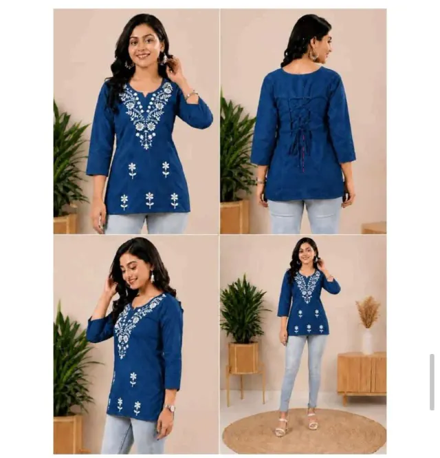 Chicken Embroidery Cotton Short Kurti 