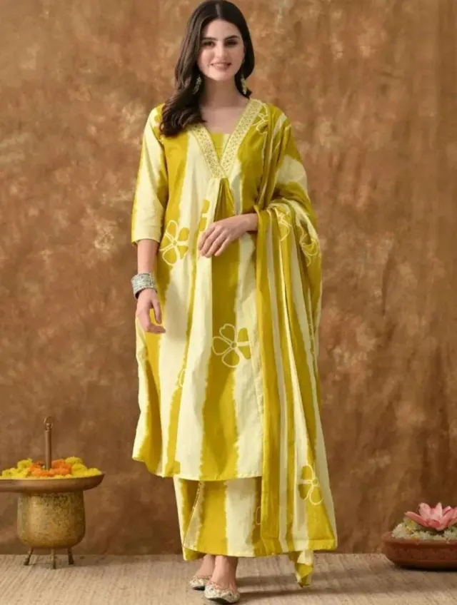 Yellow Tie & Dye A Line Cotton Stitched Kurta Pant Set with Dupatta