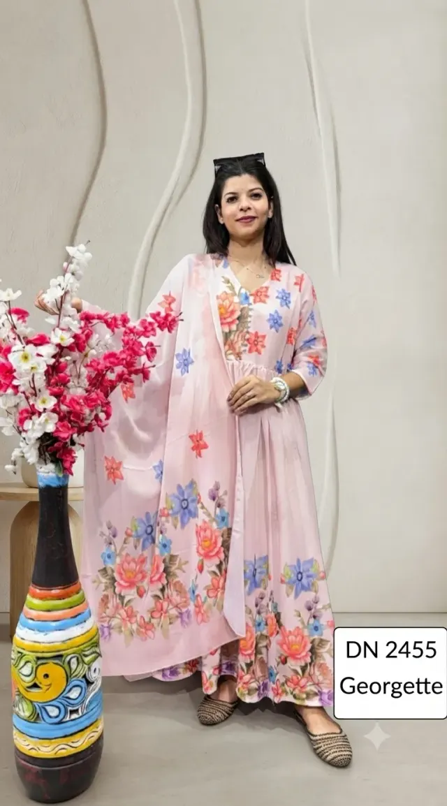 Peach Colored Anarkali Kurta Pant set With Matching Duppata 