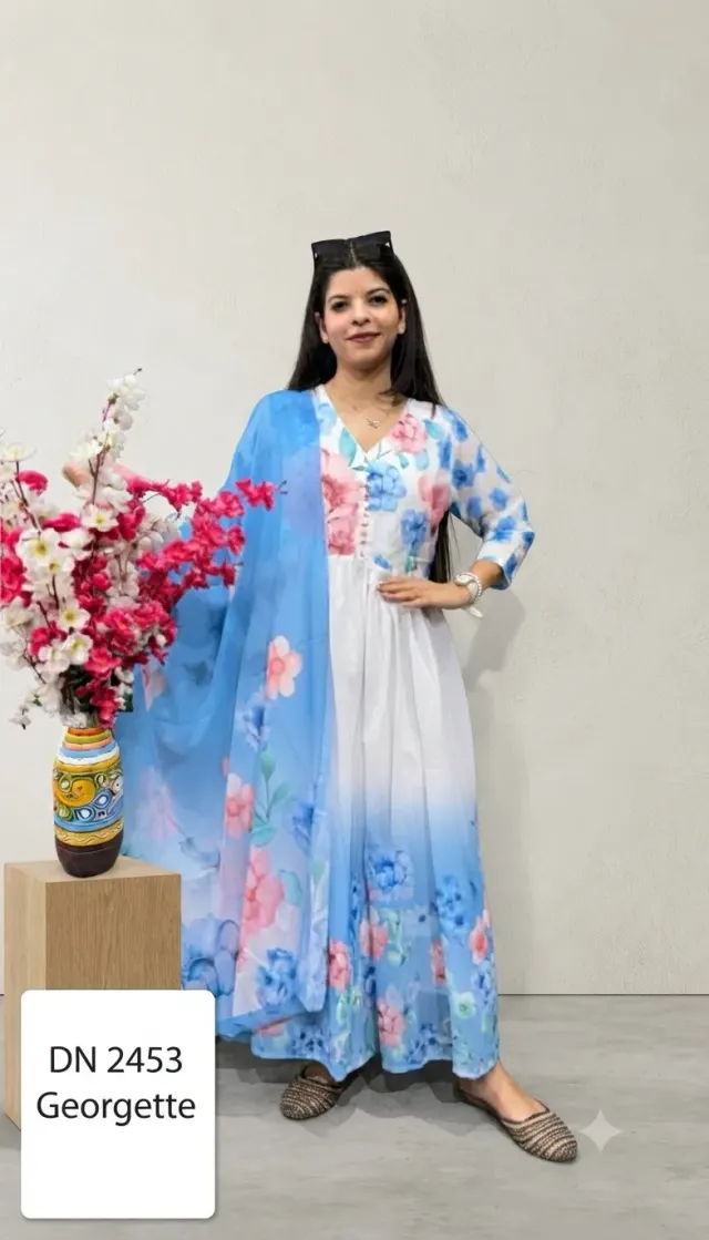Blue Anarkali kurta Pant set With Matching Duppata 