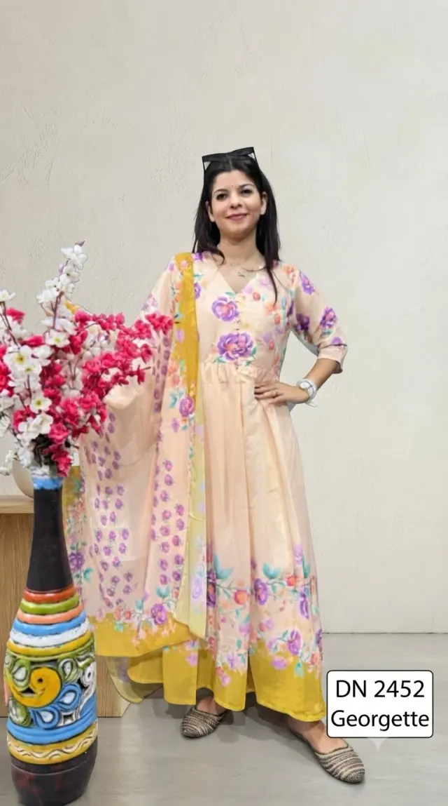 V-Neck Anarkali Suit With Pant & Matching Duppata 