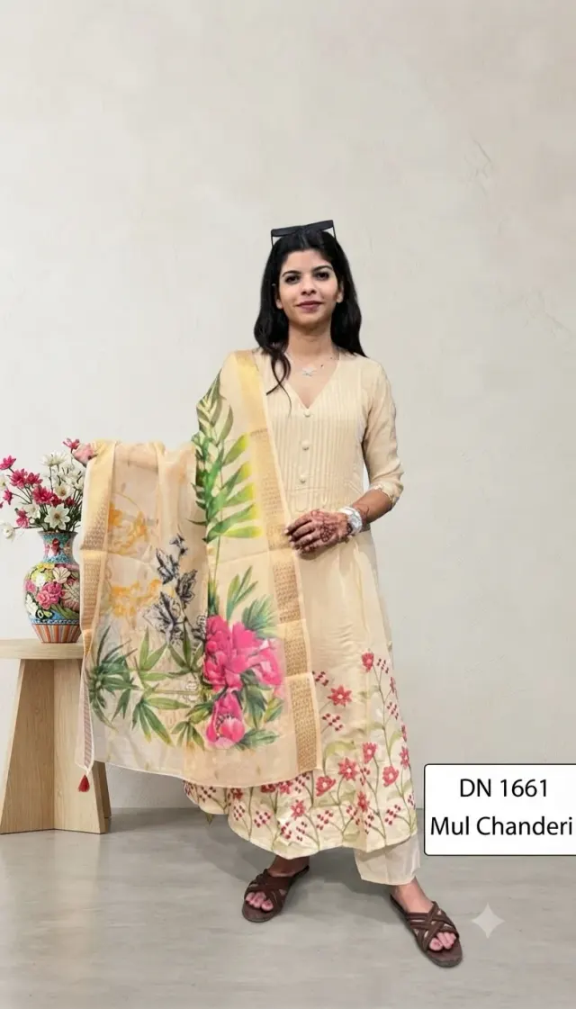 Ethnic Cream Colored V-Neck Kurta With Pant & Floral Printed Dupatta 