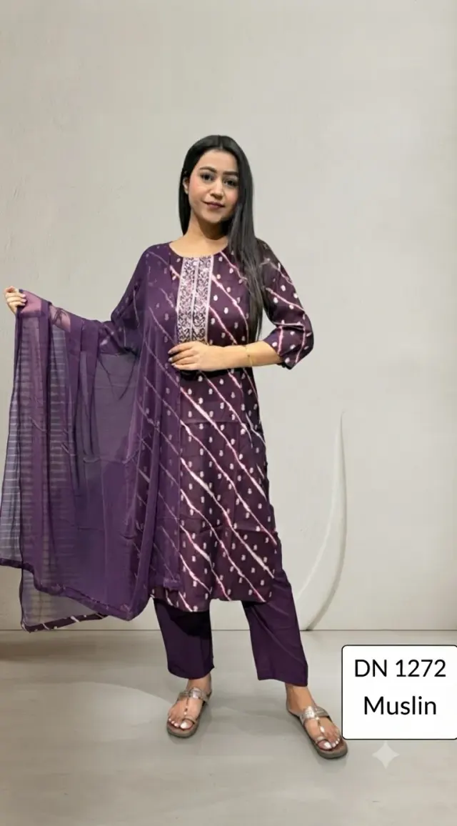 Leheriya Printed Purple Kurta Set With Pant & Duppata