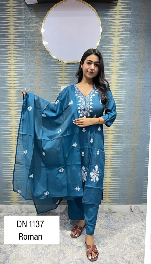 Ethnic V-Neck Teal Blue Floral Embroidered Kurta With Pant & Matching Duppata 