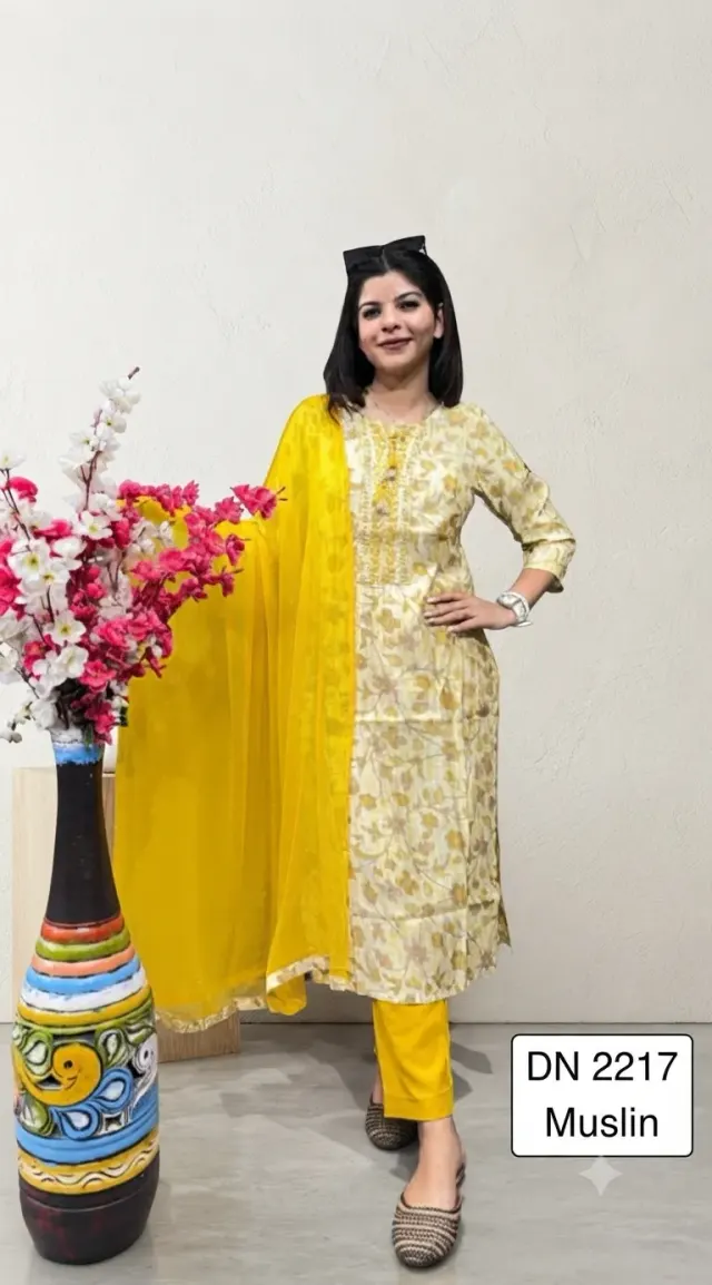 Yellow Printed Kurta With Pant/Trouser & Yellow Duppata 