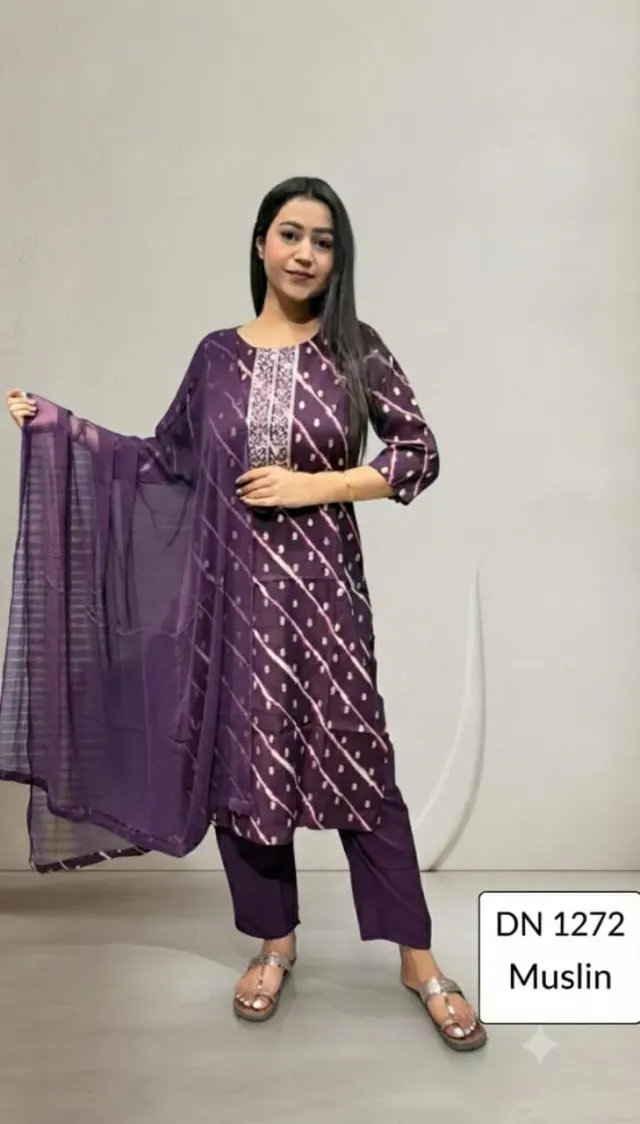 Leheriya Printed Purple Kurta Set With Pant & Duppata 