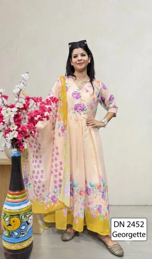 V-Neck Anarkali Suit With Pant & Matching Duppata