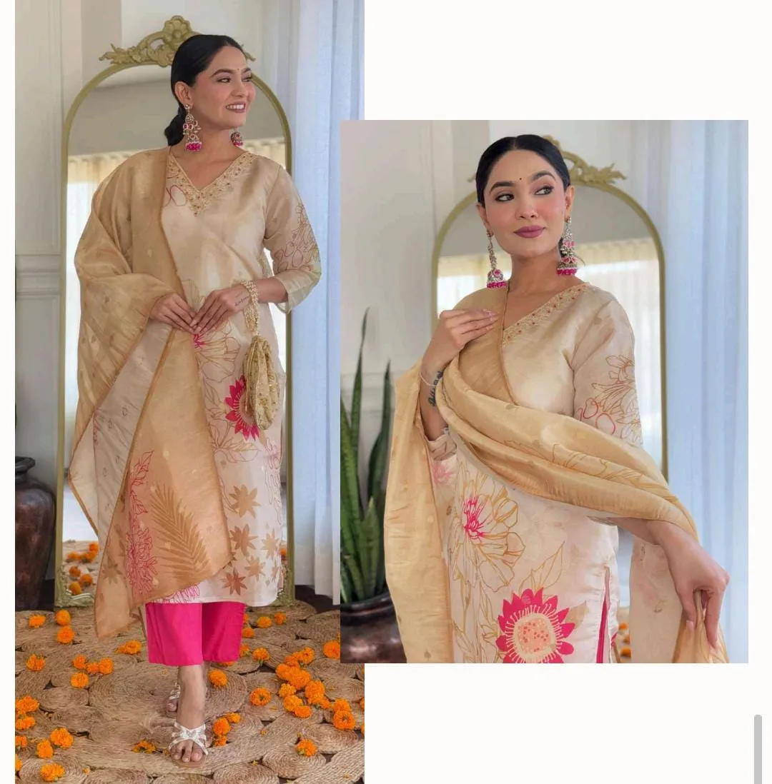 Beautiful  Hand Work Jacquard Duppata Kurti Pant With — 3 Piece Set, view 2