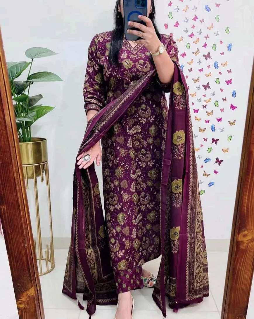 floral Printed Straight cotton kurta With plazo/pant & Duppata — 3 Piece Set, view 2