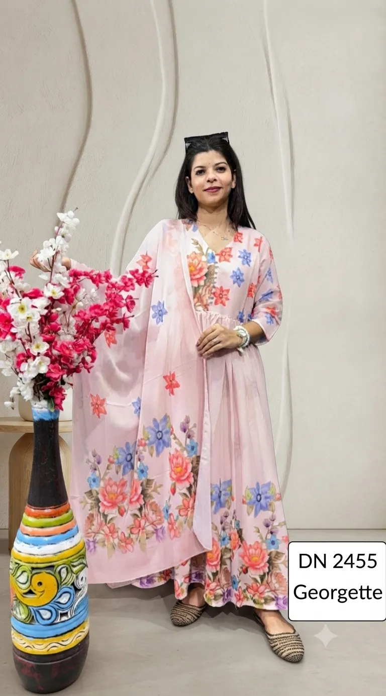 Peach Colored Anarkali Kurta Pant set With Matching Duppata — 3 Piece Set, view 2