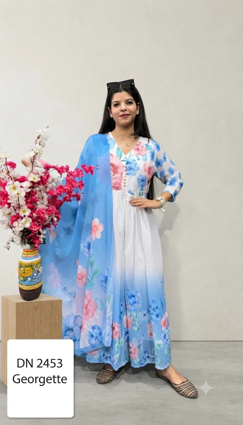 Blue Anarkali kurta Pant set With Matching Duppata — 3 Piece Set, view 2