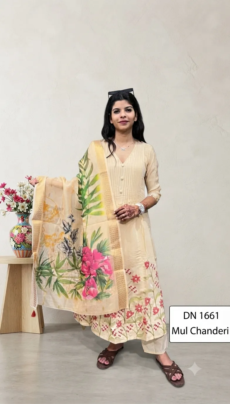 Ethnic Cream Colored V-Neck Kurta With Pant & Floral Printed Dupatta — 3 Piece Set, view 2