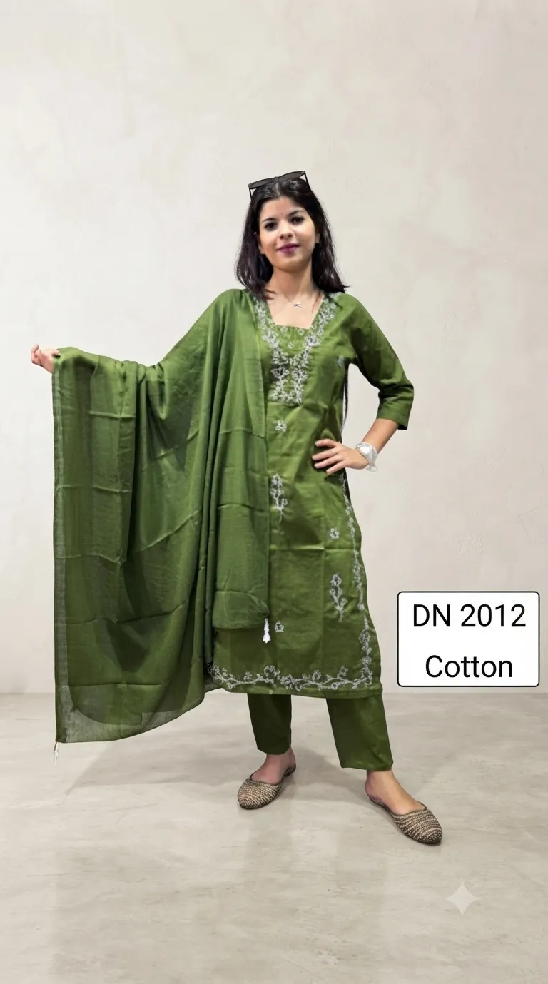 Green Floral Embroidery Kurta with Pant & Dupatta — 3 Piece Set, view 2