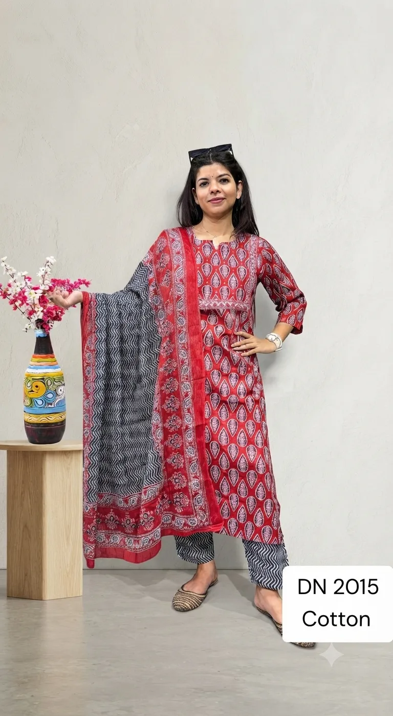 Red Jaipuri Kurta With Black Pant & Dupatta — 3 Piece Set, view 2