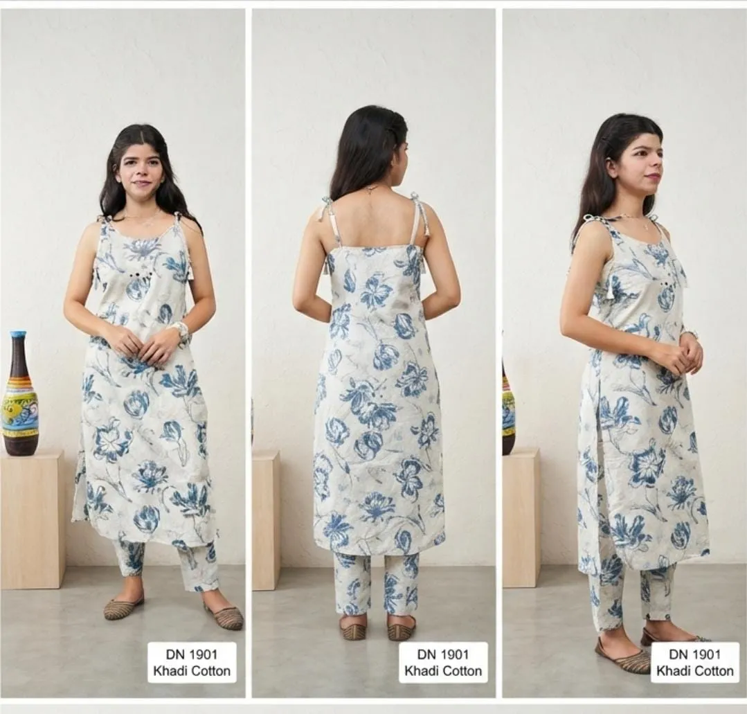 Stylish White Kurta Pant set With Blue Printed Flower — 2 Piece Set, view 2